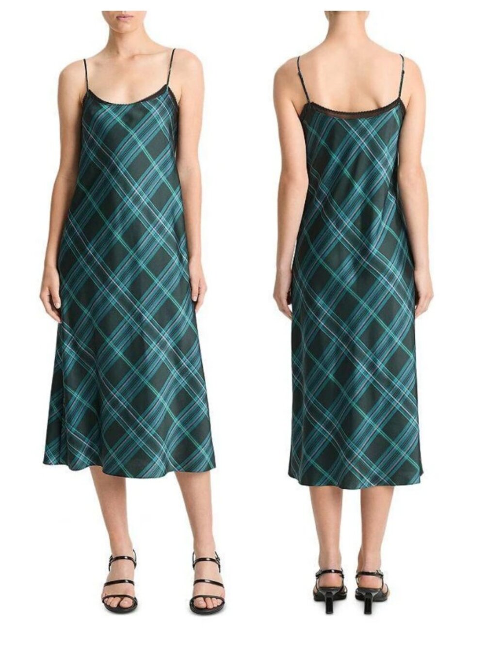 Vince Plaid Lace Trim Midi Slip Dress in Jade